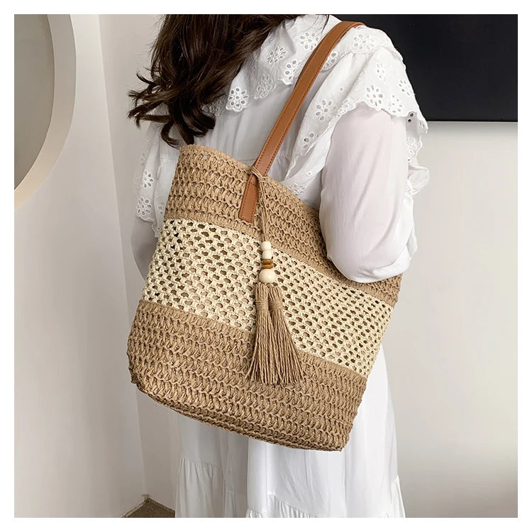 Color-blocked Linen Knitting Fashion Shoulder Bag Hollow Large Capacity Zipper Casual Tote Hot Sale Bags for Women Bolsa Mujer