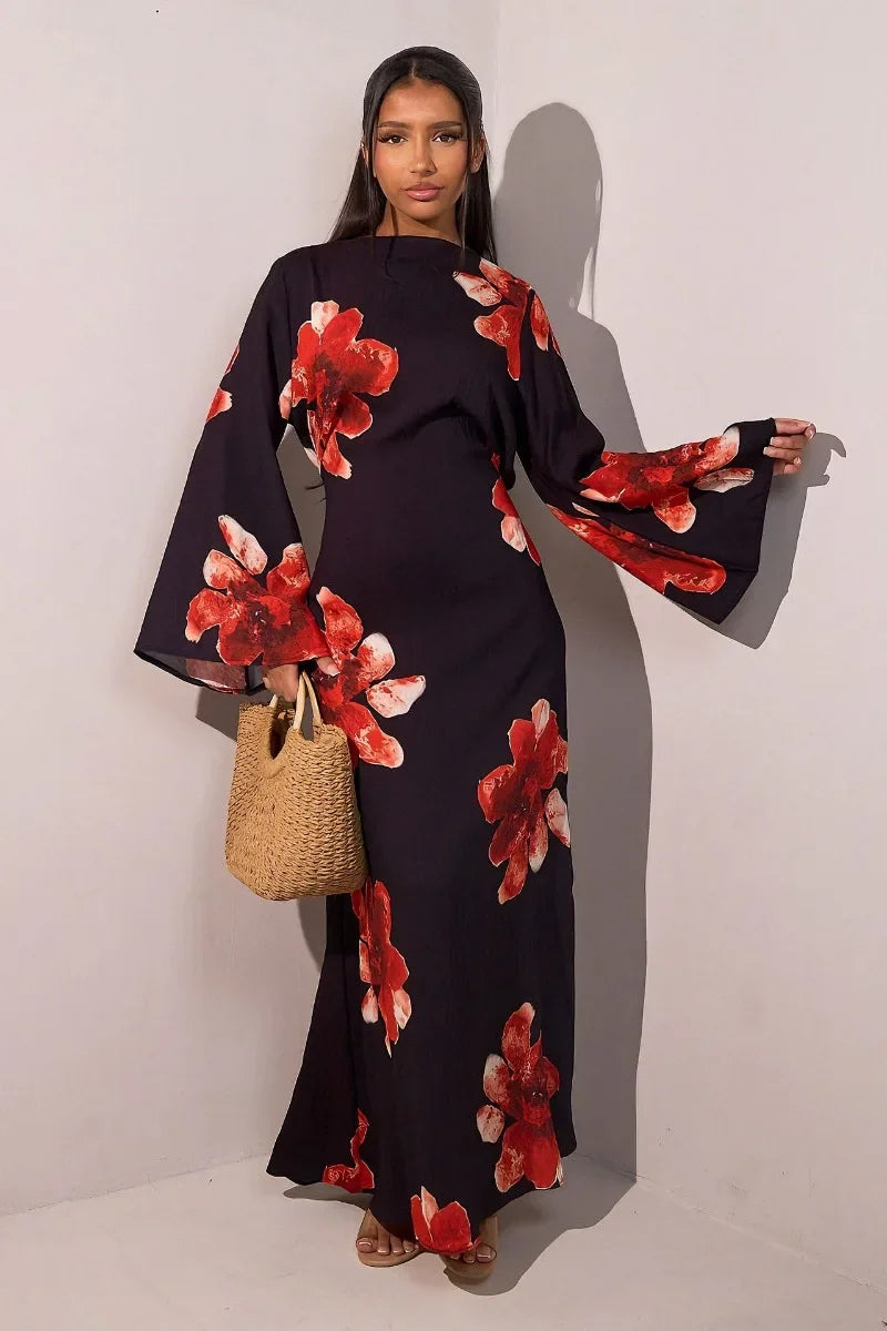 Elegant Floral Print Abaya Dress for Muslim Women Modest Full-Length Ankle-Grazing Maxi Robe 2025 Summer Islamic Turkey Outfit
