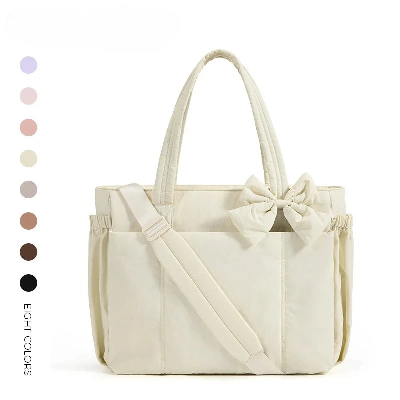 BAGSMART Padded Tote Bag With Bow Casual Quilted Padded Women Shoulder Bags Fit 15.6in Laptop Large Capacity Yoga Gym Bags