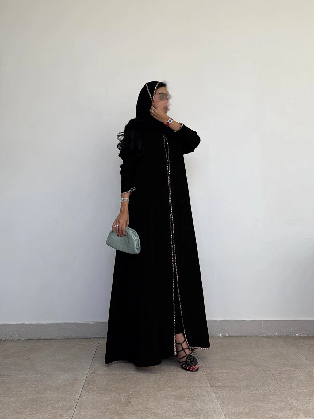 Middle Eastern Muslim Fashion Women's Black Long-Sleeved Embroidered Robe Abaya with Headscarf