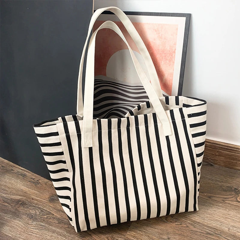 New Beach Tote Bag Fashion Women Canvas Summer Large Capacity Striped Shoulder Bag Tote Handbag Shopping Shoulder Bags ﻿