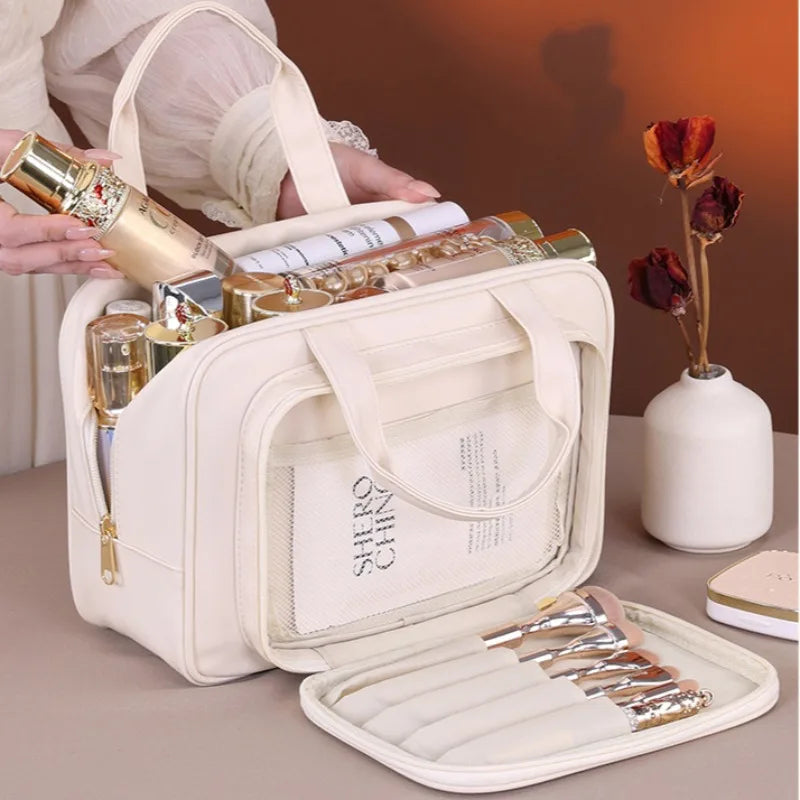 Large Capacity Makeup Bag for Women – Portable Cosmetic Organizer with Brush Holder & Carry Handle, Travel-Friendly Makeup Case