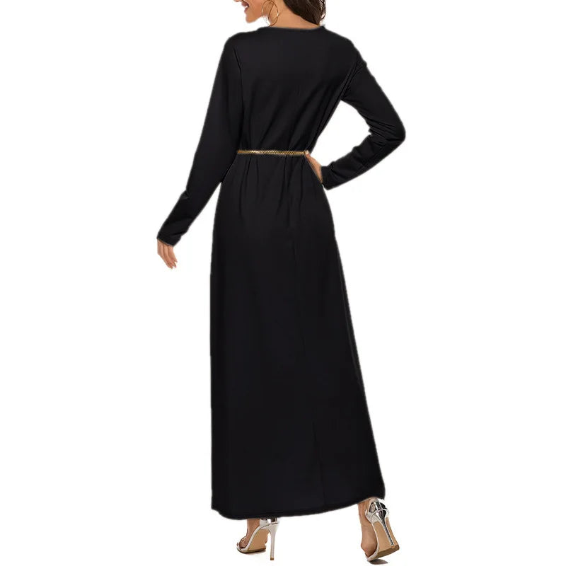 Women's Muslim Worshipwear Basic Long sleeved Laydown Round Neck Dress Middle Eastern Solid Color Robe