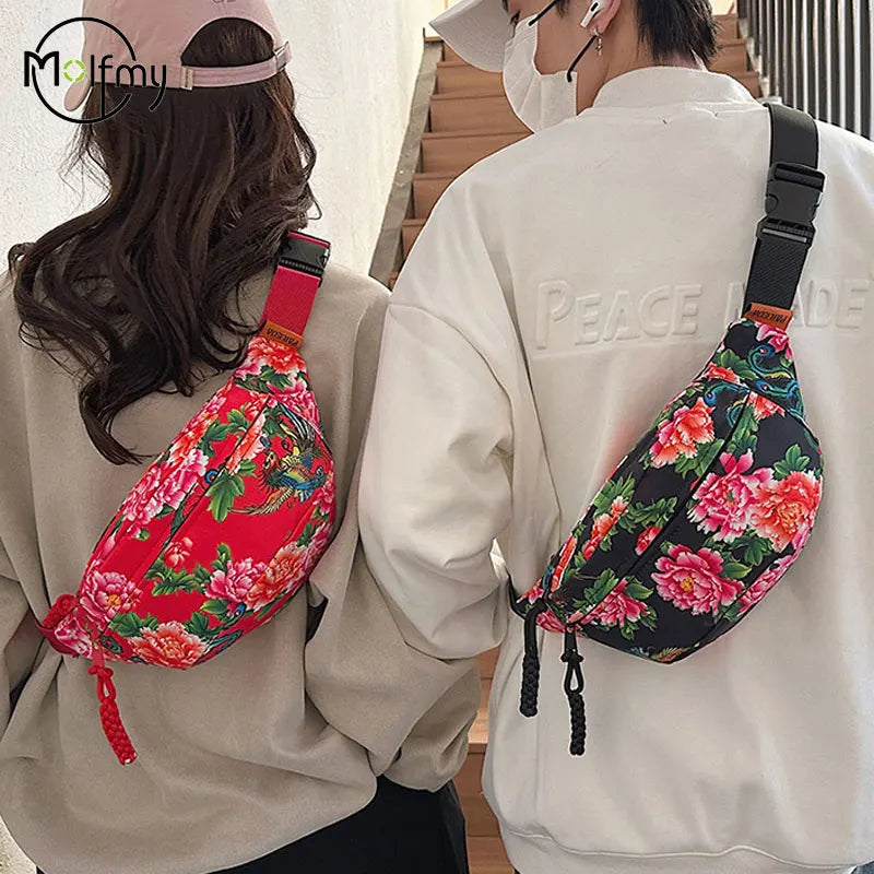 Women Fanny Bag Pack Large Flower Nylon Belt Bags Fashion Waist Pack Zipper Bag Adjustable Lightweight Multifunction Waterproof