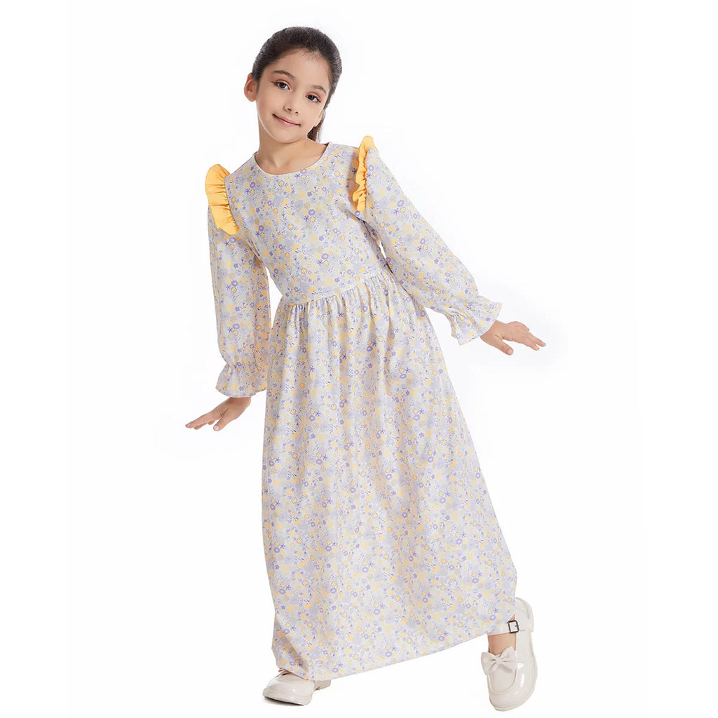 Abaya Girls Long Sleeve Dresses,Muslim Floral Dress for Kids,Conservative Outfits,Full Cover Robe Gown,Children's Beaching Dress