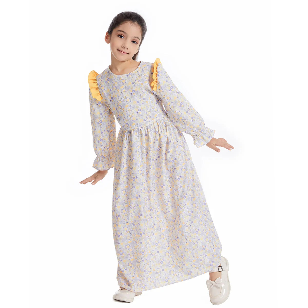 Abaya Girls Long Sleeve Dresses,Muslim Floral Dress for Kids,Conservative Outfits,Full Cover Robe Gown,Children's Beaching Dress