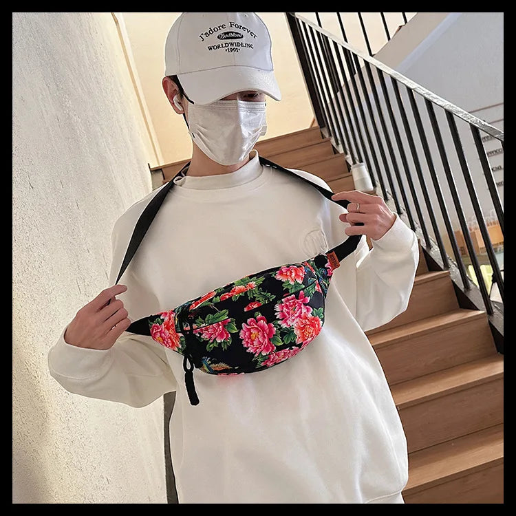 Women Fanny Bag Pack Large Flower Nylon Belt Bags Fashion Waist Pack Zipper Bag Adjustable Lightweight Multifunction Waterproof