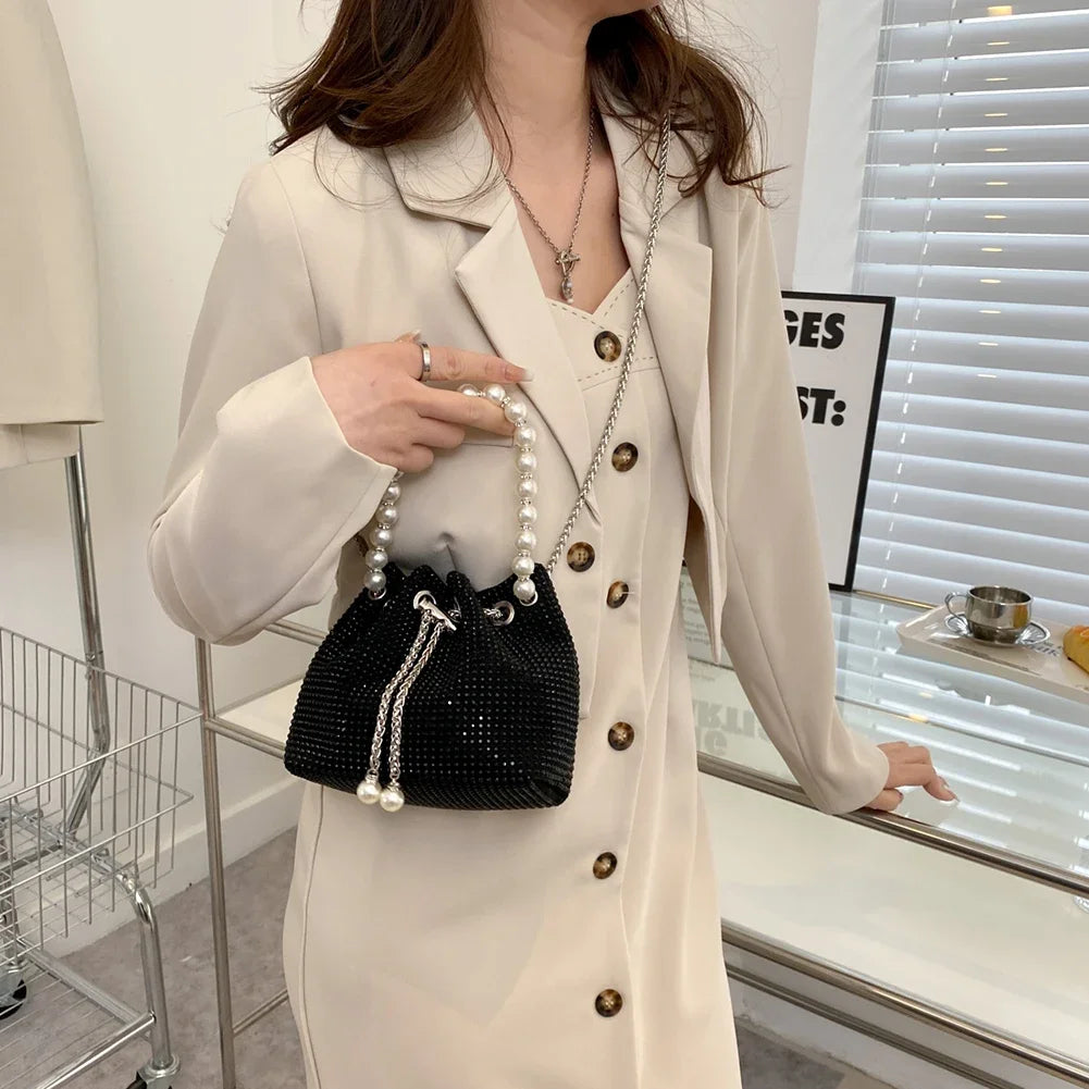 Fashion Evening Bag for Women Shiny Crossbody Bag Bling Rhinestone Bucket Shoulder Messenger Bags Ladies Glitter Handbag Purse