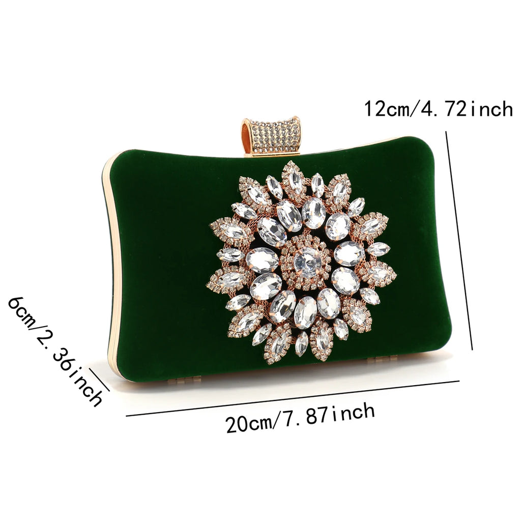 Black Color Women Evening Bags  Velvet Party Handbags Flower Rhinestones Clutch Bags New Arrival Event Banquet Flap Diamonds Pur