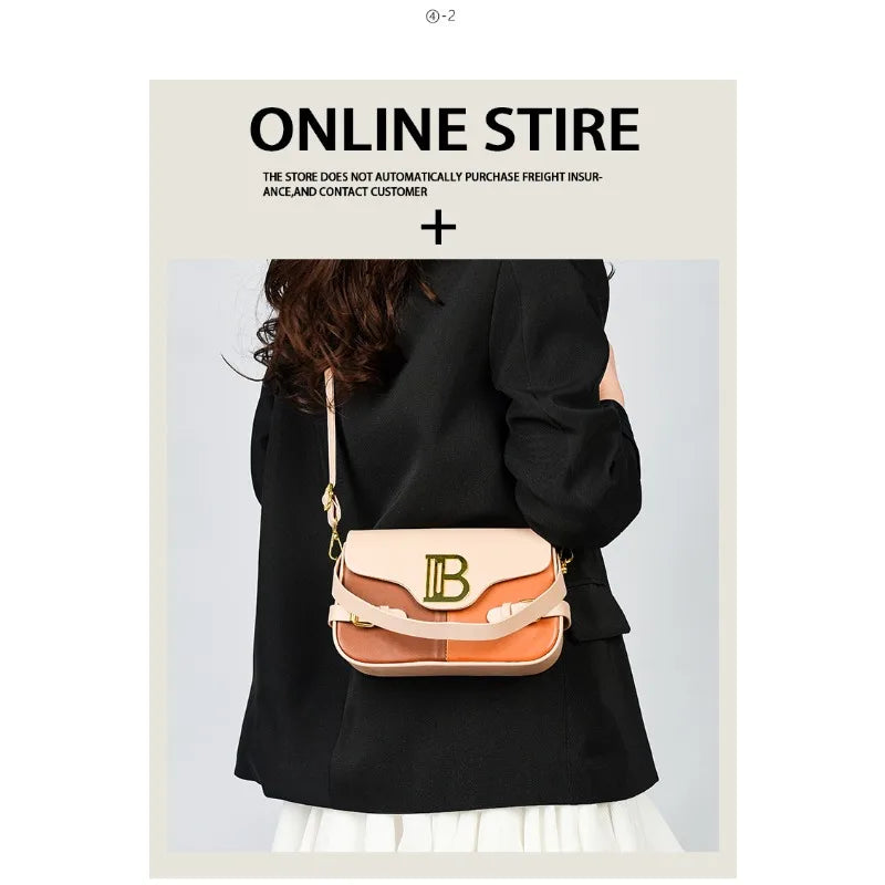 Luxury women's crossbody bag with color-blocking and stitching, box-style multi-color textured light luxury commuter bag.