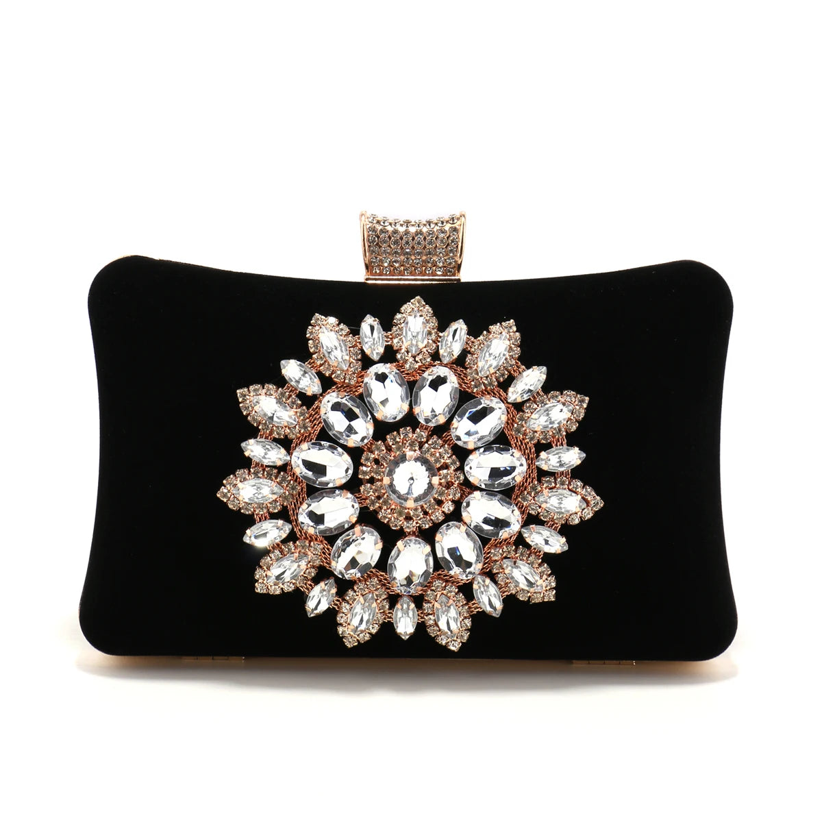 Black Color Women Evening Bags  Velvet Party Handbags Flower Rhinestones Clutch Bags New Arrival Event Banquet Flap Diamonds Pur