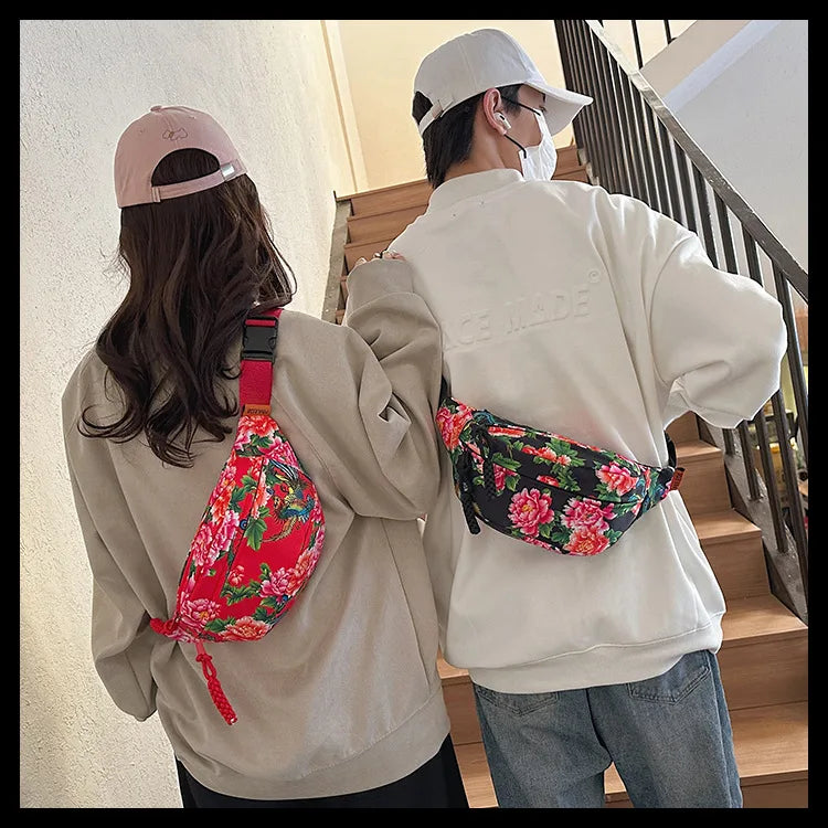 Women Fanny Bag Pack Large Flower Nylon Belt Bags Fashion Waist Pack Zipper Bag Adjustable Lightweight Multifunction Waterproof
