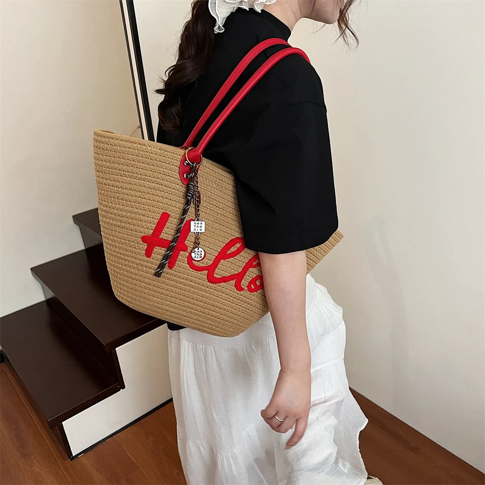 Simple Fashion Big Tote Bags For Women Cotton Fabric Woven Design Letter Embroidered  Luxury Large Capacity Shopper Shoulder Bag
