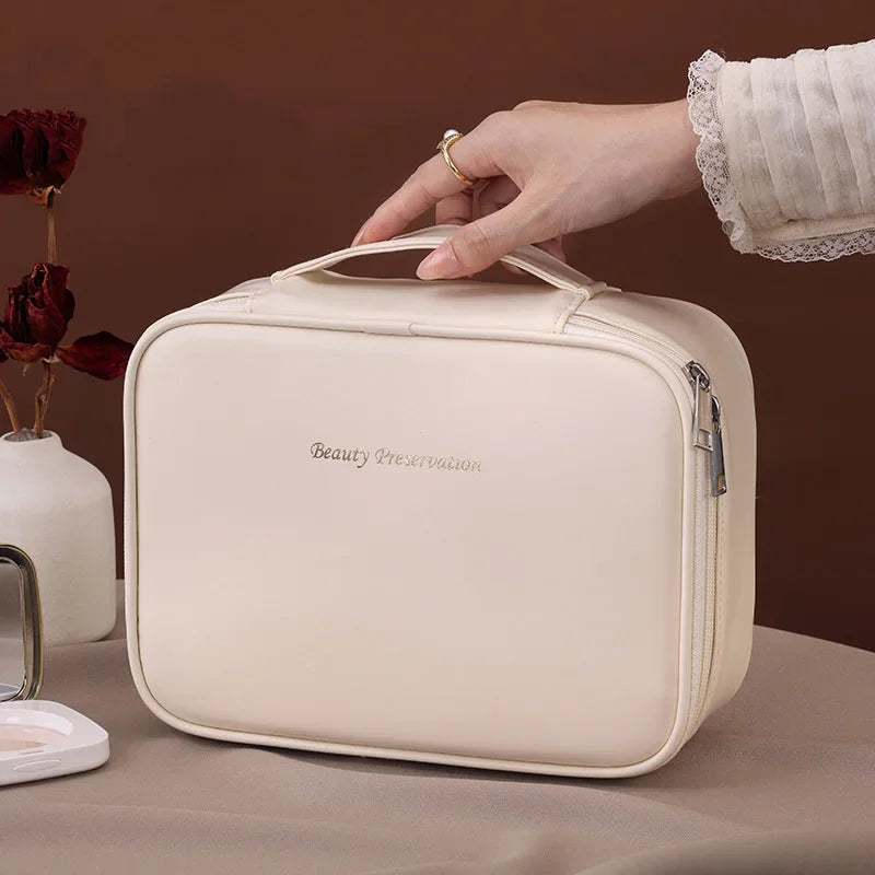 Luxury PU Large Capacity Women Tote Makeup Bag Portable Travel Organizer Tolietry Cosmetic Storage Bag Ladies Double Layer Pouch