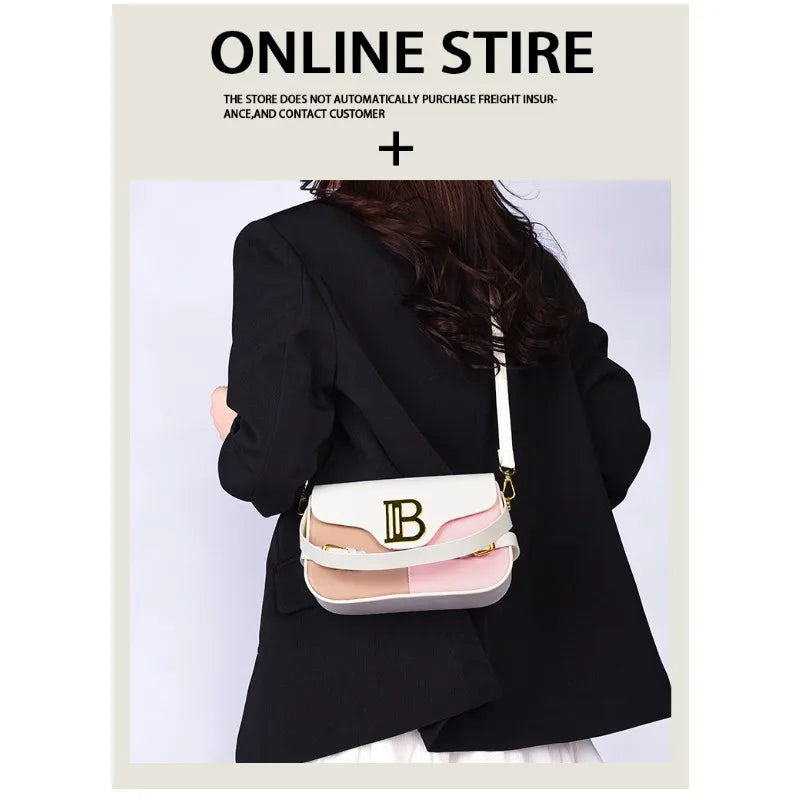 Luxury women's crossbody bag with color-blocking and stitching, box-style multi-color textured light luxury commuter bag.