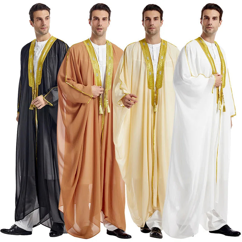 Men's Robe Muslim Clothes Kimono Loose Abaya Dresses Long Sleeve Embroidered Chiffon Kaftan Casual Formal Dubai Thobe