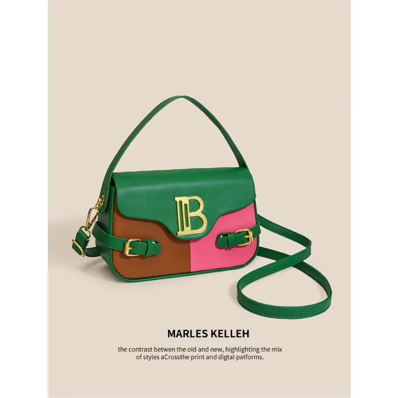 Luxury women's crossbody bag with color-blocking and stitching, box-style multi-color textured light luxury commuter bag.