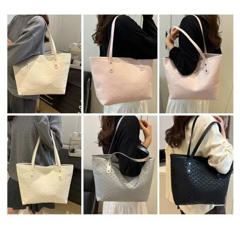 Luxury-textured Tote Handbag for Women, 2025 Summer New Design Large Capacity Checkered Shoulder Bag, Trendy Underarm Bag