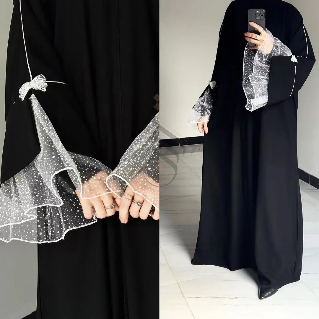 Summer Black Abaya for Muslim Women Elegant Dubai Modest Dress with Lace Sleeves Islamic Vacation Outfit 2025 Turkey Kaftan Robe