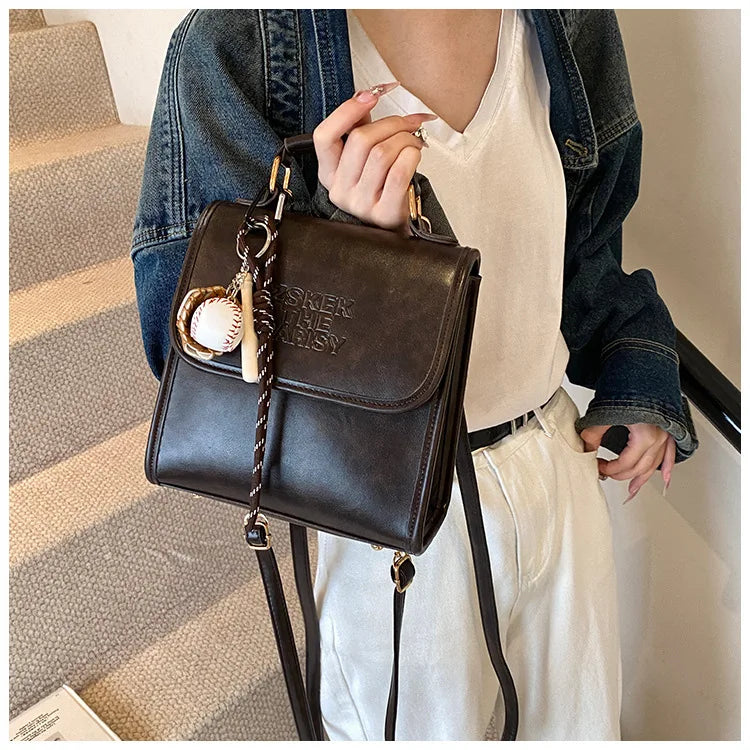 Casual Retro Large Capacity Women's Backpack Fashionable Versatile Stylish Satchel Crossbody Bag New Black City Simple Style PU