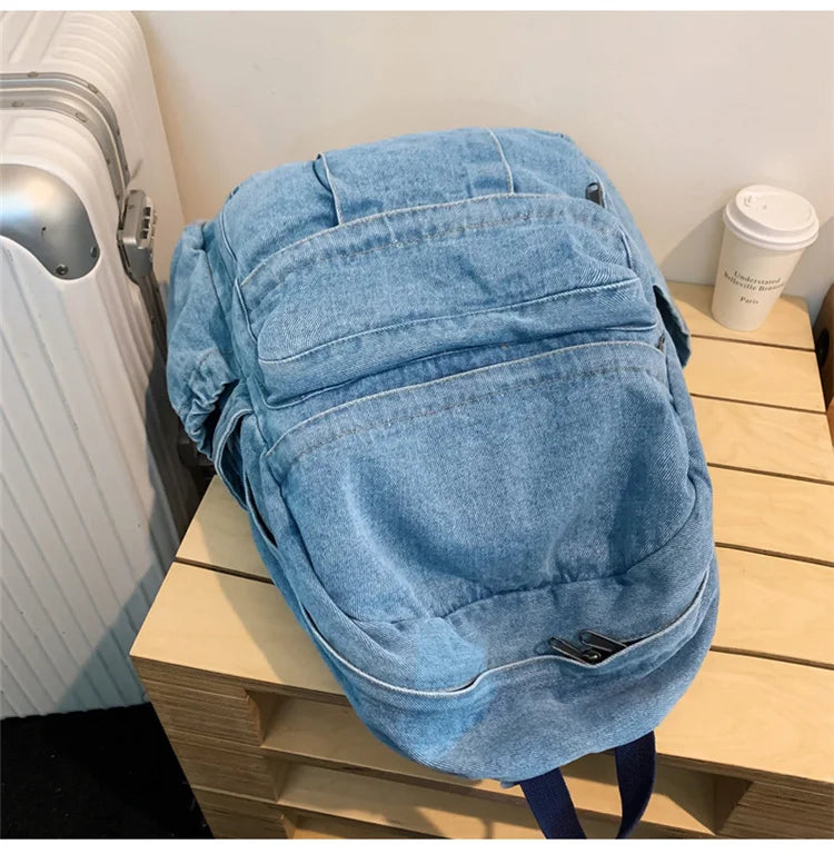 Blue Denim Backpacks For Women 100% Cotton Leisure Or Travel Bags Unisex Large Capacity Canvas Satchels Cloth Korea School Bags