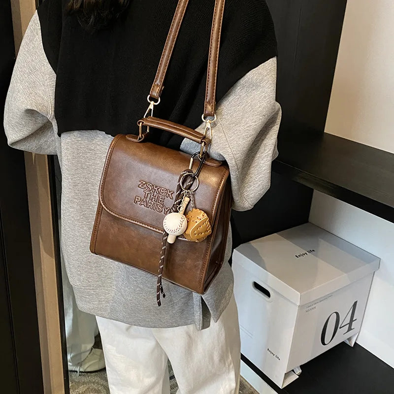 Casual Retro Large Capacity Women's Backpack Fashionable Versatile Stylish Satchel Crossbody Bag New Black City Simple Style PU