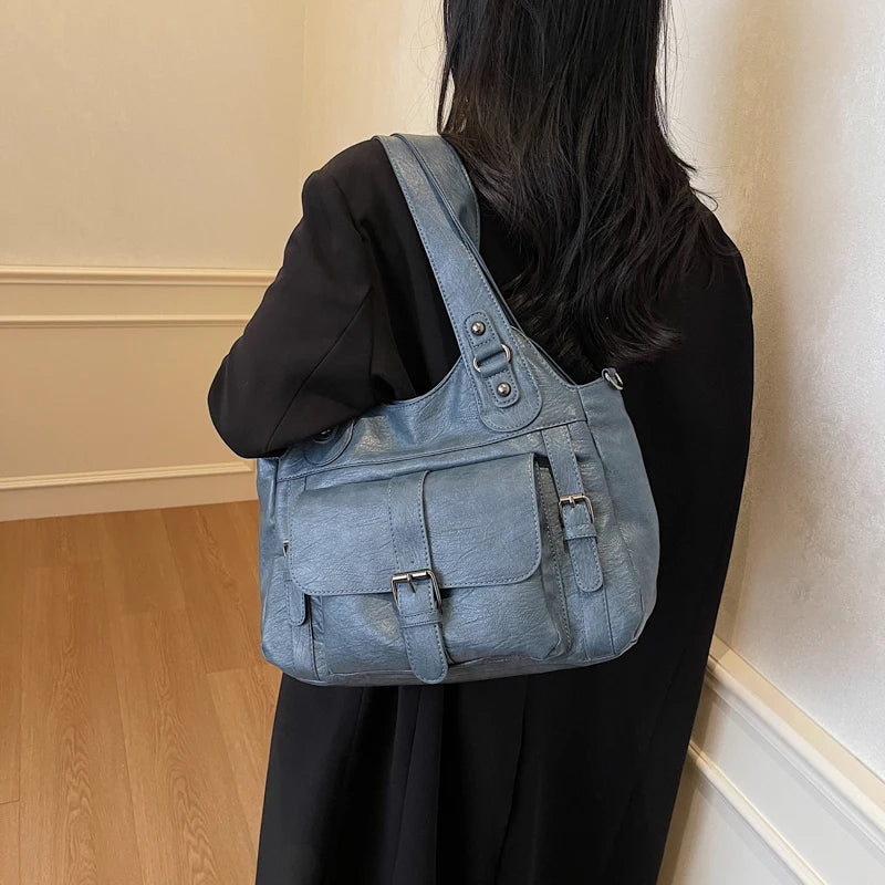 Women Tote Bag Fashion Underarm Pouch Large Capacity Soft Pu Leather Shoulder Bag Retro Crossbody Bag Casual Portable BucketBags