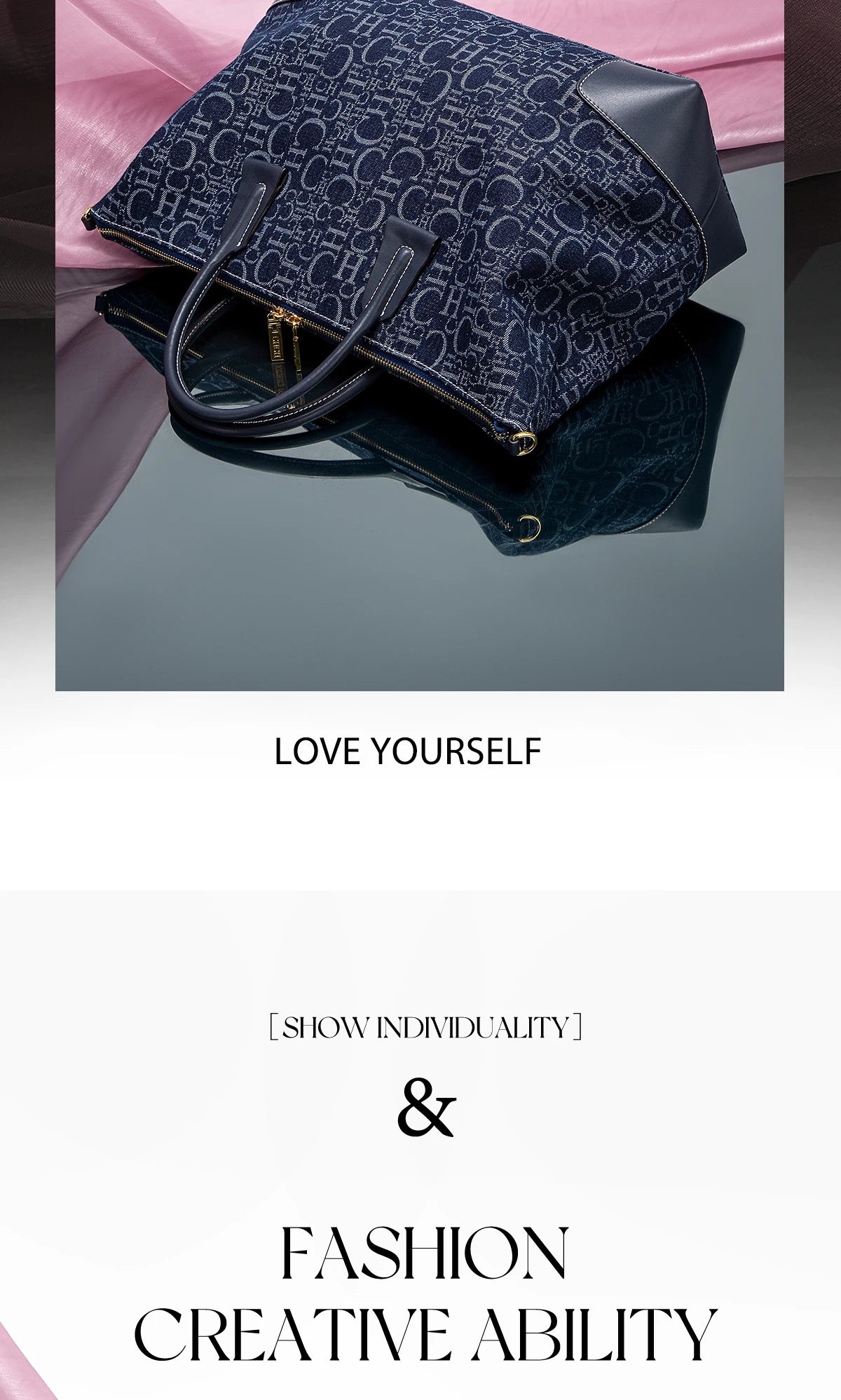 Geometric Letter Pattern Travel Totes – Sophisticated Blue Fabric  Leather Accents Metallic  for Urban Mobility Chic Versatility