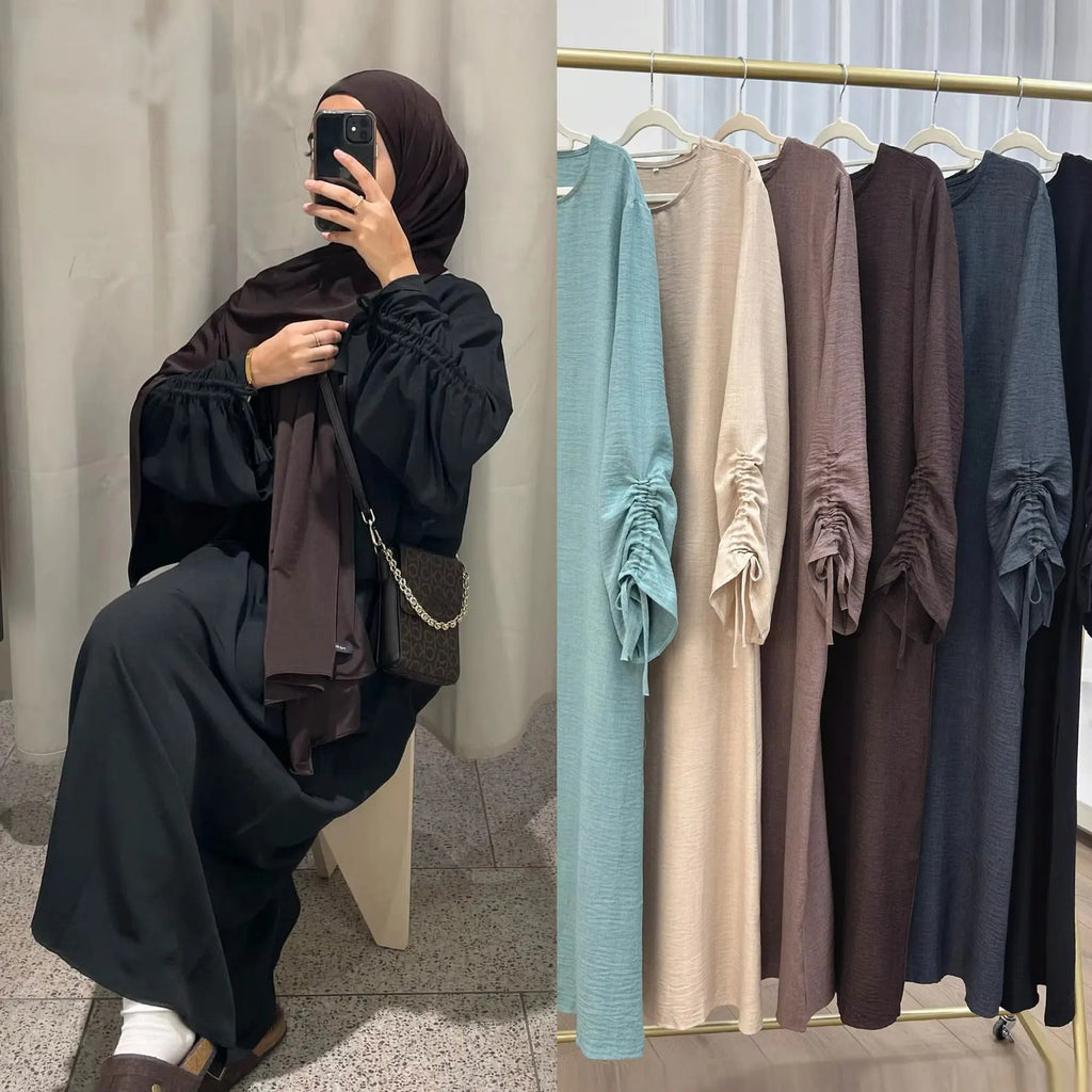 Eid Islamic Modest Dress for Women Abaya Lace-up Sleeve Morocco Casual Ramadan Vestidos Prayer Kaftan Dubai Muslim Long Robe