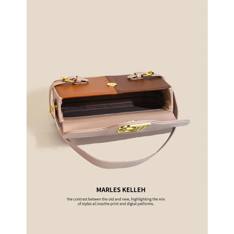 Luxury women's crossbody bag with color-blocking and stitching, box-style multi-color textured light luxury commuter bag.