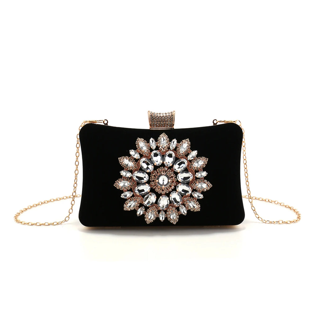 Black Color Women Evening Bags  Velvet Party Handbags Flower Rhinestones Clutch Bags New Arrival Event Banquet Flap Diamonds Pur