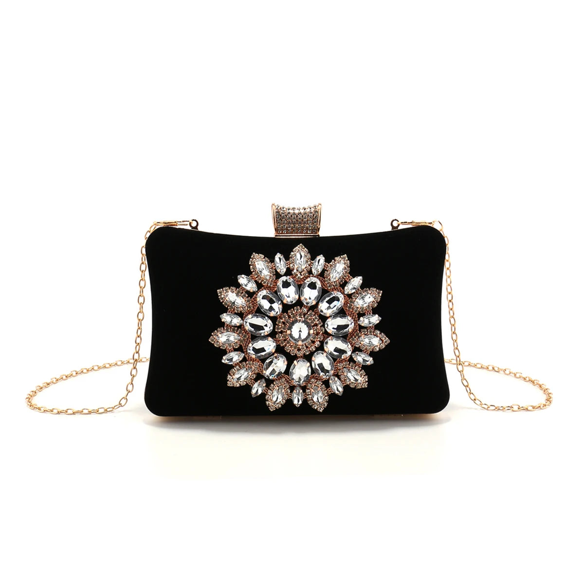 Black Color Women Evening Bags  Velvet Party Handbags Flower Rhinestones Clutch Bags New Arrival Event Banquet Flap Diamonds Pur