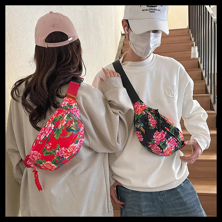 Women Fanny Bag Pack Large Flower Nylon Belt Bags Fashion Waist Pack Zipper Bag Adjustable Lightweight Multifunction Waterproof