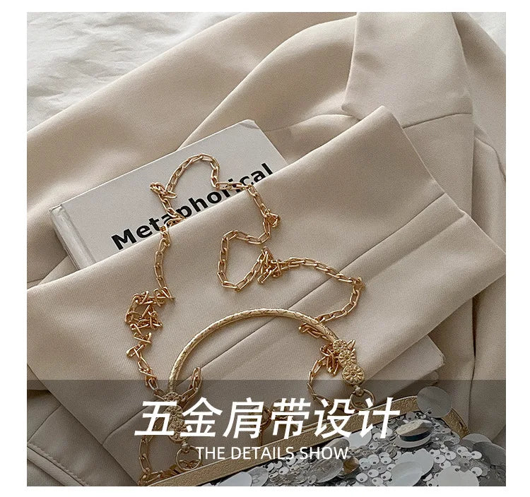 Elegant Sequined Evening Shoulder Bags for Women Solid Color Ladies Clip Chain Crossbody Bag Casual Female Shell Handbags Purse