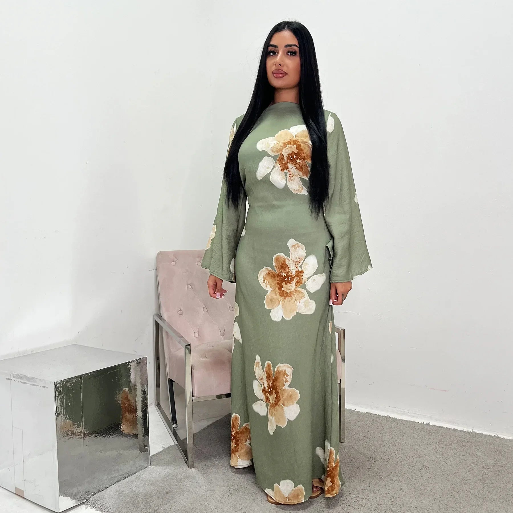 Elegant Floral Print Abaya Dress for Muslim Women Modest Full-Length Ankle-Grazing Maxi Robe 2025 Summer Islamic Turkey Outfit