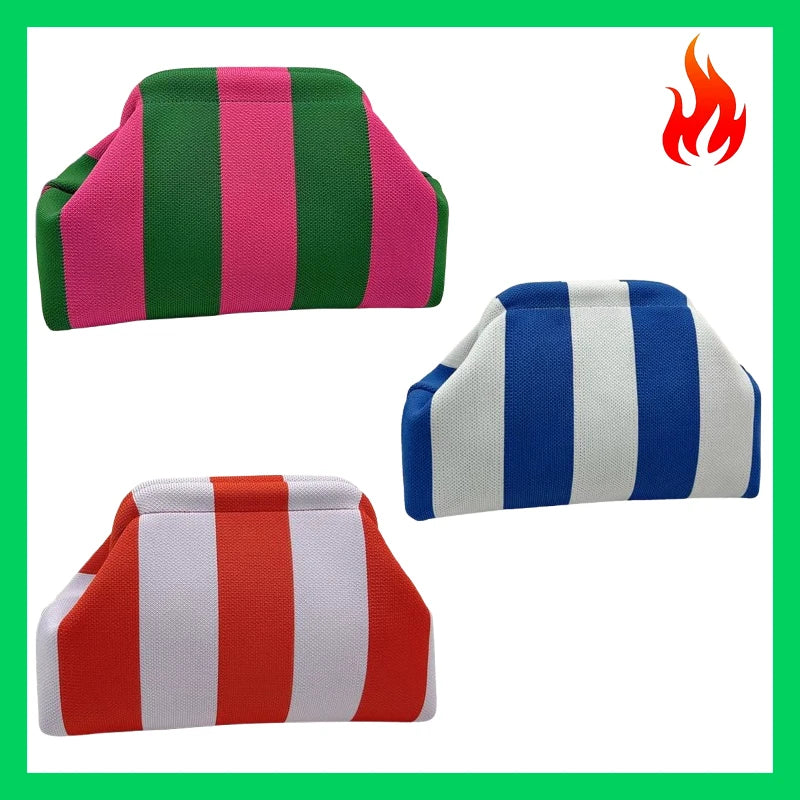 Knitted Striped Handbag Summer Beach Clutch Bags for Women Crochet Handbags Purses Knitting Dumpling Ruched Cosmetics Storage