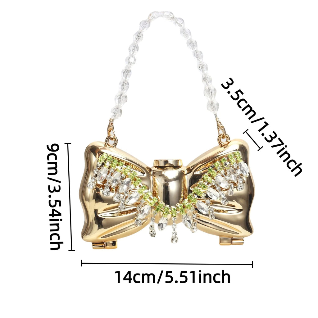 Luxury Fashion Metal Mini Handbag with Bow Clasp Playful Acrylic Bow Design with Shimmering European-Style Chain Crossbody Bag