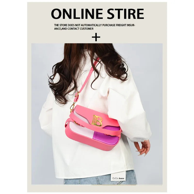 Luxury women's crossbody bag with color-blocking and stitching, box-style multi-color textured light luxury commuter bag.