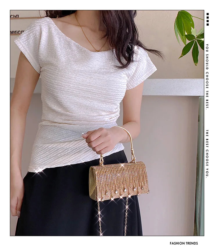 Luxury Golden Shoulder Bag 2025 New for Women, Elegant Rhinestone Clutch Purse, Versatile Crossbody Bag with Adjustable Chain