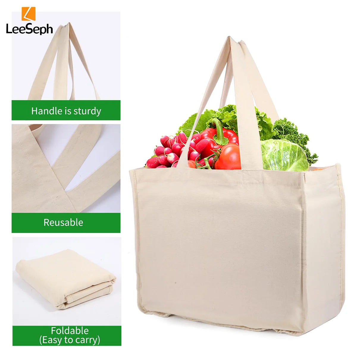 Canvas Grocery Bag, Grocery Tote Bag with 6 inner Pockets, Washable Foldable Reusable Canvas Shopping Bags, Beach Picnic Bags