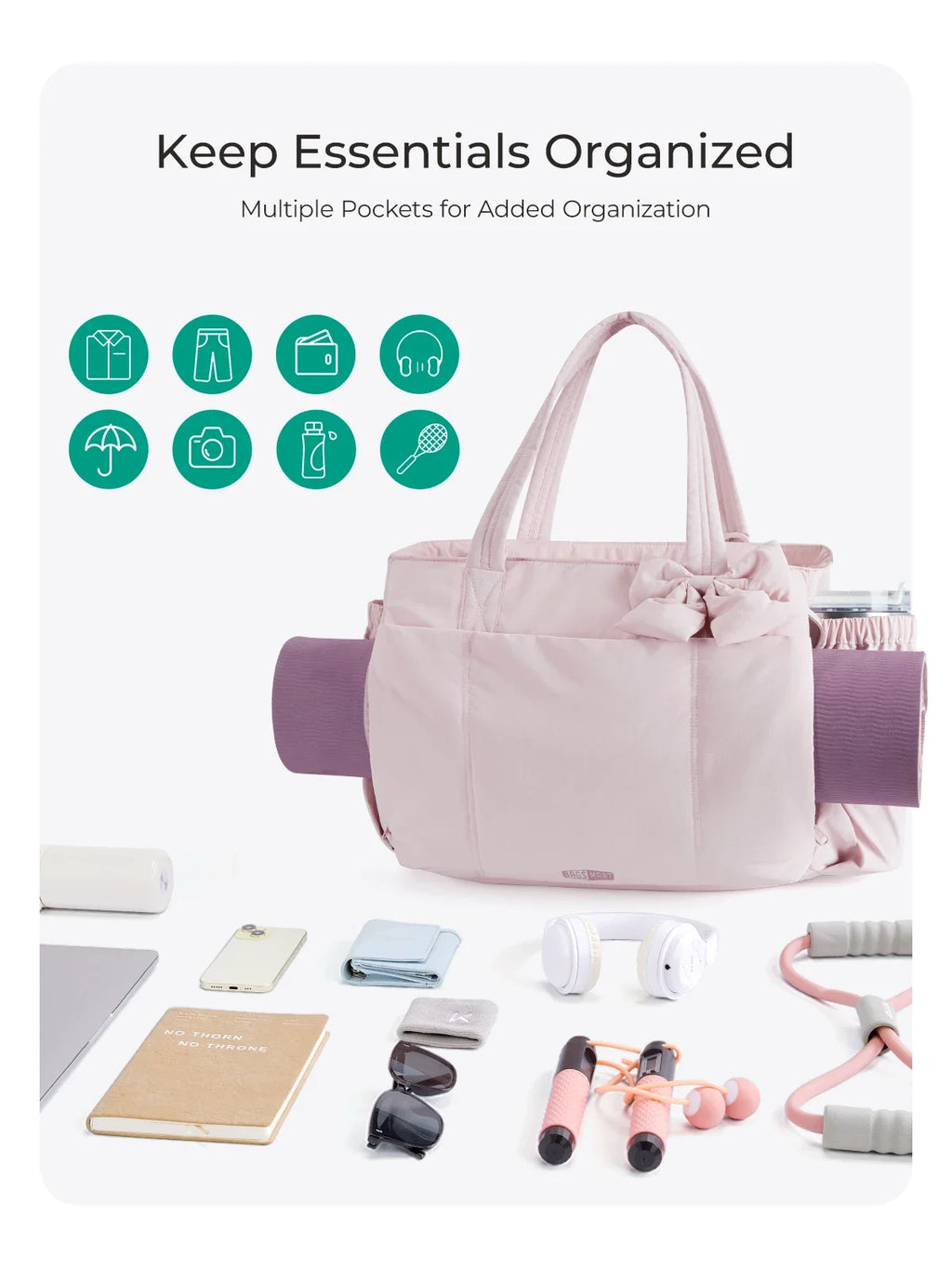 BAGSMART Padded Tote Bag With Bow Casual Quilted Padded Women Shoulder Bags Fit 15.6in Laptop Large Capacity Yoga Gym Bags