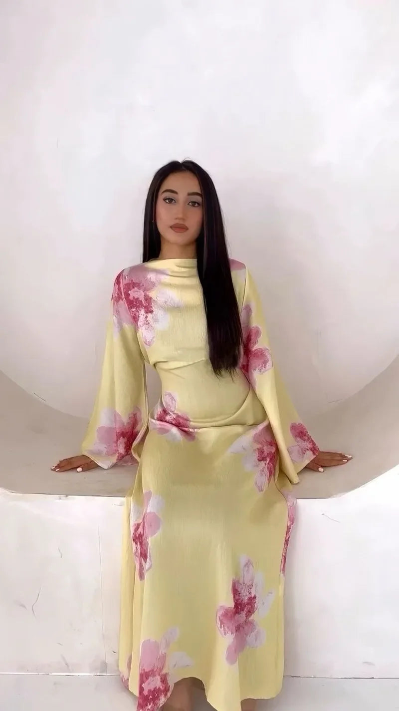 Elegant Floral Print Abaya Dress for Muslim Women Modest Full-Length Ankle-Grazing Maxi Robe 2025 Summer Islamic Turkey Outfit