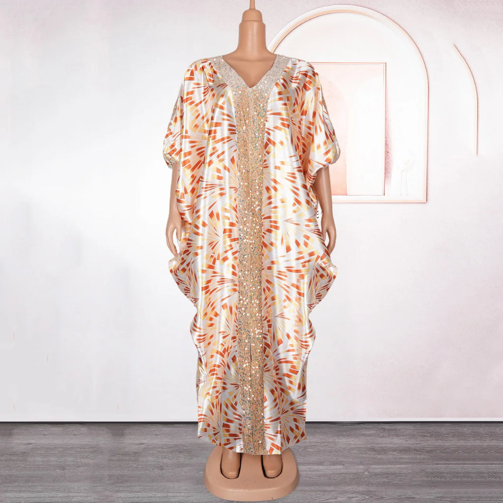 Muslim Party Dress Women Elegant Luxury 2024 V Neck Batwing Sleeve Sequined Loose Birthday Party Dinner Dress ClothFloor Length