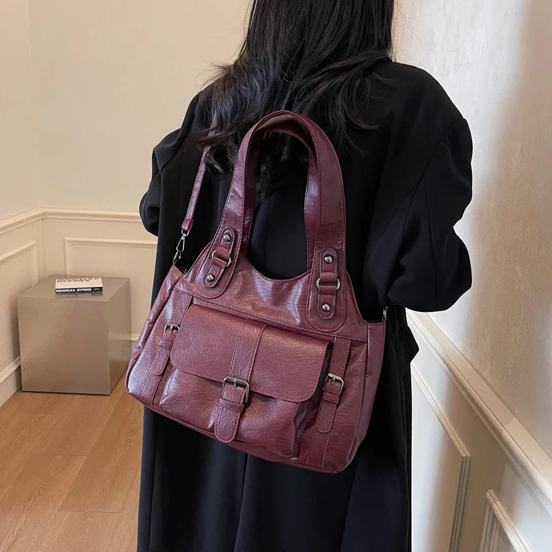 Women Tote Bag Fashion Underarm Pouch Large Capacity Soft Pu Leather Shoulder Bag Retro Crossbody Bag Casual Portable BucketBags