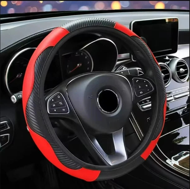 Car Steering Wheel Cover Breathable Anti Slip PU Leather Steering Covers Suitable 37-38.5cm Auto Decoration Carbon Fiber
