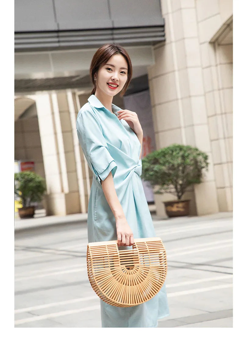 Fashion Straw Bag Bamboo Semi-circular Handbags High quality Hand woven Women Bags Bohemia Summer Ladies Beach Bag Bamboo Bags