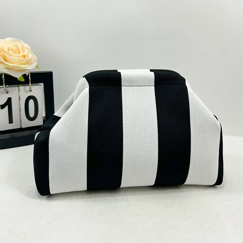 Knitted Striped Handbag Summer Beach Clutch Bags for Women Crochet Handbags Purses Knitting Dumpling Ruched Cosmetics Storage