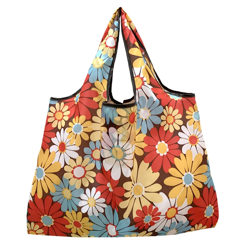 Fashion Pocket Tote Women Bag Eco-Friendly Folding Shopping Bag Reusable Portable Shoulder Handbag for Travel Supermarket