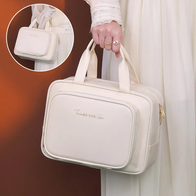 Large Capacity Makeup Bag for Women – Portable Cosmetic Organizer with Brush Holder & Carry Handle, Travel-Friendly Makeup Case