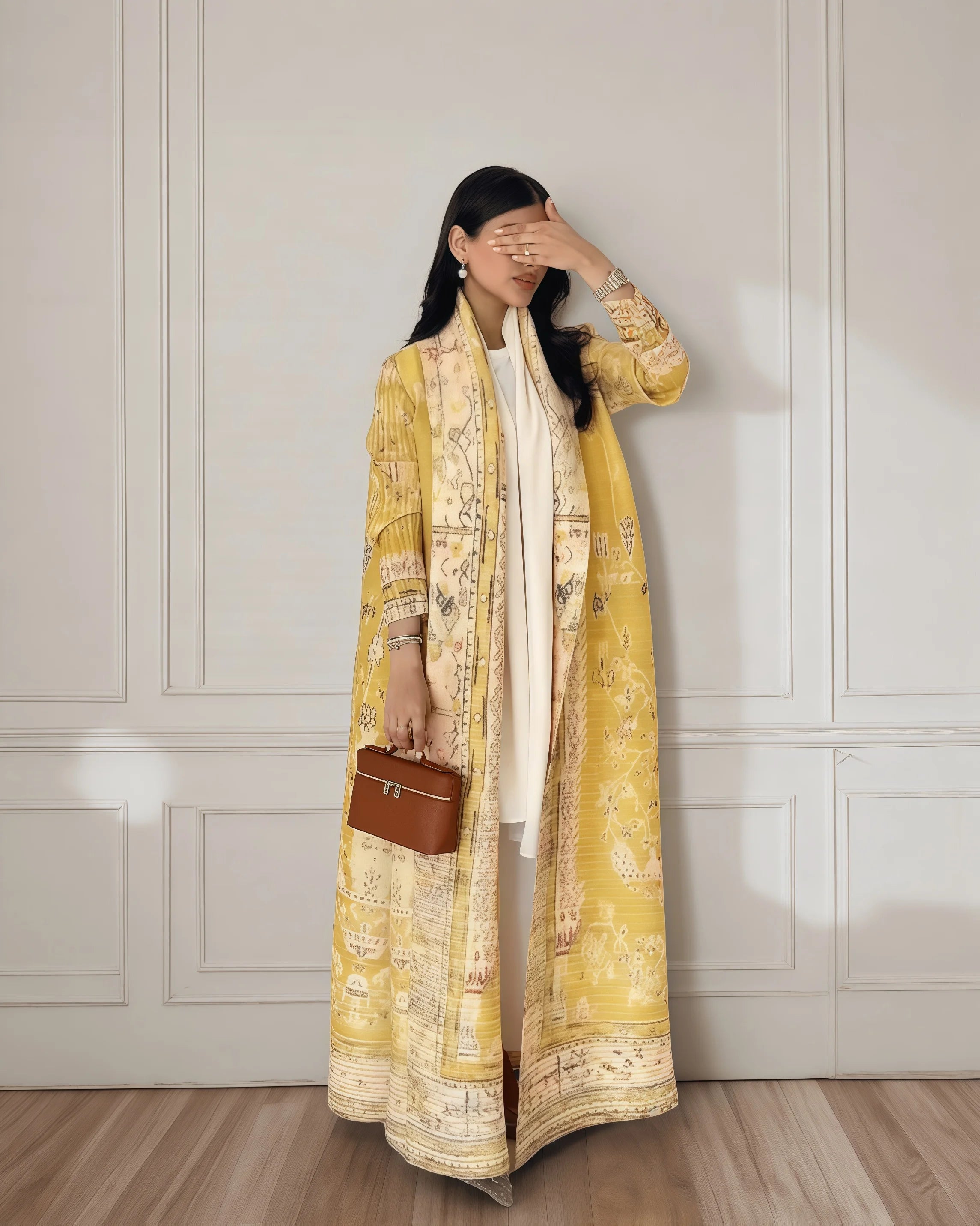 Autumn Women's Long Coat, Retro Printed Long Sleeved Muslim Abaya Saudi Fashion Wrinkled Waist Belt